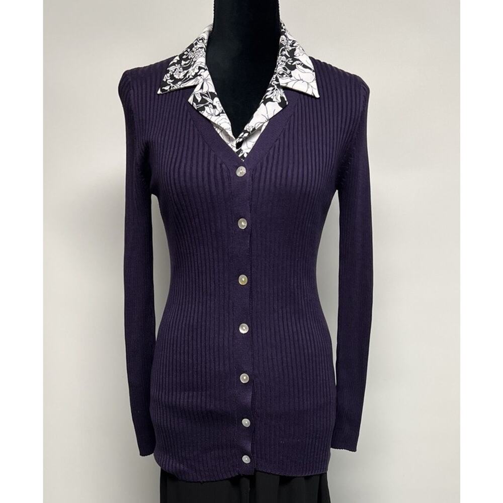 100% Silk Cardigan Sweater Small Womens Ribbed Long preppy Old Money Dark Purple